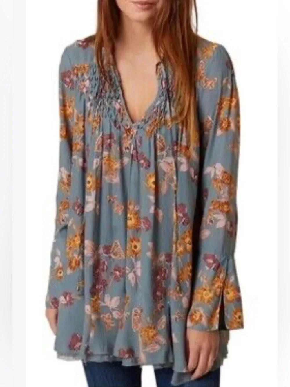 Free People Pebble Crepe Boho Floral Smocked Tunic Top Size Small